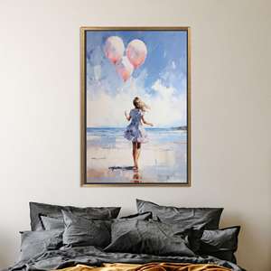 Elegant Printed Canvas <b>Decor</b> - Modern, Girl with Pink Balloons,Gold Framed - Product Image 1