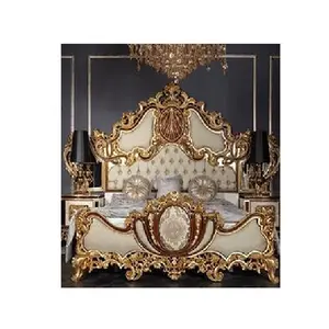 Luxurious & Royal Baroque Bed & Bedroom Furniture Double Carved Master Bedroom Furniture Set Baroque Gold Finish Bed & Bedroom