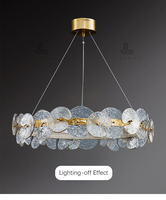 Lustre moderne de luxe en or, lustre rond à LED, lustre en verre texturé en forme de feuille de lotus pour salon, salle à manger