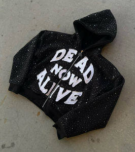 Men's High GSM Distressed Embroidery Men's Hoodies with Full Rhinestones 3D <b>Zipper</b>-Up Solid Pattern Hoodies Men - Product Image 5