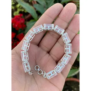 925 Silver Emerald Cut Rose Quartz Crystal <b>Bracelet</b> Elegant and Luxurious <b>Bangles</b> for Women - Product Image 2