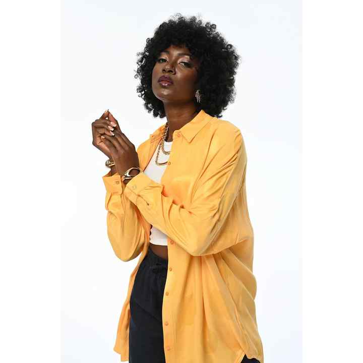 WOMEN'S OVERSIZE YELLOW JACQUARD ROUND PATTERNED SHIRT