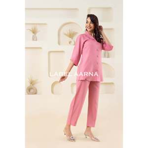 Ensemble coordonné à col châle en viscose rose uni pour femme - Product Image 4