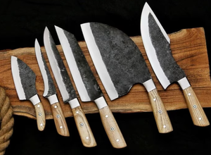 Ensemble de 6 couteaux de chef en acier Damas forgé à la main, écologiques, avec étui en cuir véritable pour la cuisine et le barbecue - Product Image 2