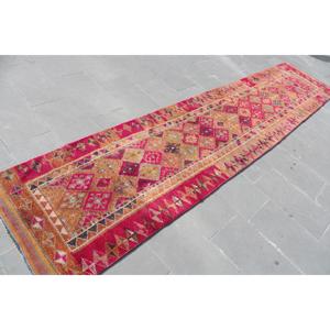 Turkish Rug, <b>Runner</b> 2.7x12.9 ft Vintage Rug, <b>Red</b> Orange Persian Wool Rug - Product Image 4