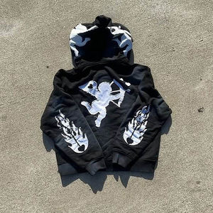 Haute Qualité Strass Conception Broderie Survêtements Zip Soleil Délavé Polyester/Coton Mélange Baggy Impression Hiver Streetwear - Product Image 5