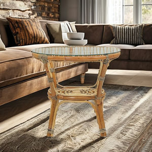 Mesa de Centro para Balcón - Diseño Asiático Moderno Hecho a Mano en Ratán y Vidrio, Mueble Duradero para Sala de Estar - Product Image 2