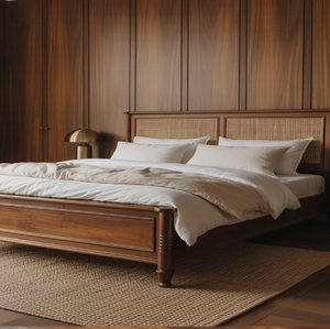 Estructura de cama de madera clásica con cabecero de caña de ratán natural, que ofrece un estilo bohemio y elegante. Disponible a precios mayoristas. - Product Image 1
