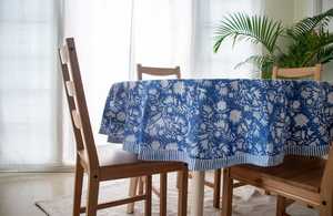 Nappe de table ronde à imprimé floral bleu cool en coton fait à la main - Product Image 3