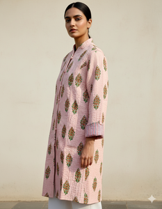 Veste en coton à imprimé floral matelassée à manches longues respirante avec boutons décoratifs 2 poches Vêtement long Hiver pour le printemps - Product Image 3