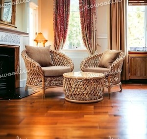 Nouveau Style Creative Rotin Osier Patio Canne Rotin Fauteuil Ensemble de 2 Avec Table pour Salon Balcon Étude Intérieur/Extérieur - Product Image 2