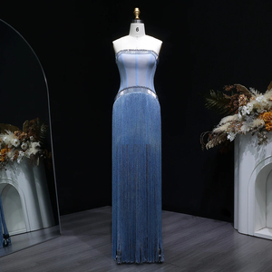 Vestido de Noche Moderno Jancember LSZ520 Azul Claro con Flecos y Borlas, Vestido de Fiesta Tipo Columna sin Tirantes con Efecto Ilusión - Product Image 1