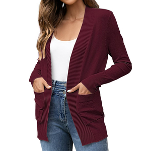 Cárdigan de punto acanalado de manga larga para mujer, de color liso, con bolsillos, cuello en V, estilo casual, para otoño - Product Image 1