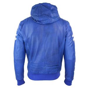 RIVIAN ATLANTIC Veste en cuir à capuche bleue pour hommes Nouveau style bombardier Veste en cuir à capuche à rayures blanches ODM Service's - Product Image 3