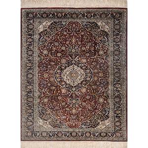 Tapis rectangulaire moderne Gulmarg bleu en soie noué à la main, motif médaillon, pour la maison, technique tuftée en viscose, polyester et nylon - Product Image 1