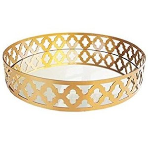 Plateau décoratif rond de luxe doré avec miroir, en métal découpé, organisateur de maquillage pour coiffeuse, plateau de service pour table basse, centre de table de mariage - Product Image 1