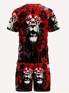 Ensemble deux pièces de sport décontracté d'été pour hommes T-shirt à manches courtes imprimé 3D animal personnalisé avec short de poche à cordon de serrage - Product Image 4