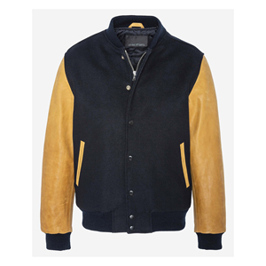 เสื้อแจ็กเก็ตเบสบอลของผู้ชายเสื้อแจ็กเก็ตสีดำผ้าขนสัตว์แขนหนังปักกำมะหยี่แบบสั่งทำสำหรับฤดูหนาว - Product Image 4