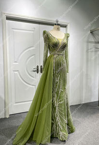 فاخرة عالية دبي حورية البحر مطرز فساتين السهرة الزيتون الأخضر الخامس الرقبة طويلة الأكمام شبكة مأدبة - Product Image 2