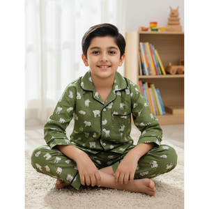 Pijama de Algodón 100% con Estampado de Elefantes Verdes para Niños, Ropa de Dormir de Verano Suave y Tejida, Cierre de Botones, Logotipo Personalizado, ODM, MOQ 5 Piezas - Product Image 1