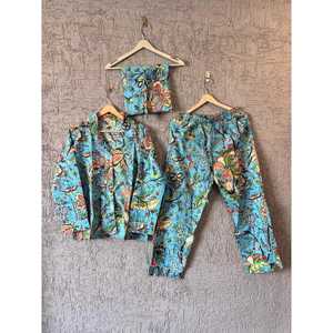 Conjunto de Pijama de Algodón con Estampado Floral Turquesa para Mujer, Ropa de Dormir India, Manga Larga, Cintura Elástica con Botones, Tela Suave Tejida, Verano - Product Image 1