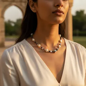 Collar de Estilo Bohemio para Mujer con Cuentas de Perlas, Ónix y Diamantes con Cadena Geométrica, Regalo Religioso, Plata de Ley - Product Image 2