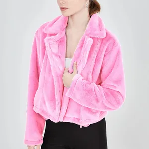 Pink Zippered Plush Fur Fabric Pink Color Fur Fabric Zippered Pocket Detailed Standard Plush Coat