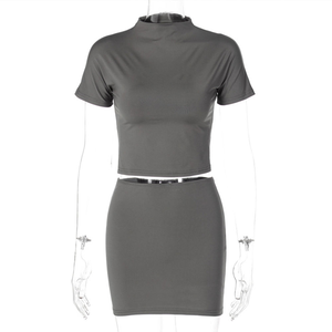 Ensemble deux pièces décontracté respirant d'été uni, haut court à manches courtes et mini-jupe taille haute pour femme, tenue de soirée - Product Image 6