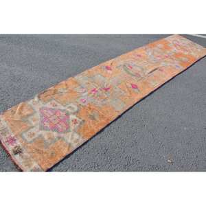 Alfombra de lana turca naranja y rosa Vintage, diseño de retales de tejido plano de 2,6x11,5 pies para decoración para sala de estar, respaldo de látex de 4m de ancho - Product Image 2