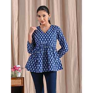 Top Peplum de Algodón Popelín Azul Jaipuri con Estampado de Bloques, Asimétrico, Bordado Floral y Rayas, Largo, Tallas XL XXL, para Otoño, Ropa Formal - Product Image 1