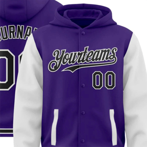 Sudadera con Capucha de Alta Calidad con Parche Bordado Deportivo, Nombre del Equipo Personalizado, Sudadera de Poliéster con Tela Transpirable, Manga Morada y Blanca - Product Image 3