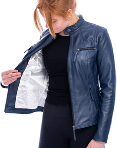 Veste en cuir de mode pour femmes de qualité supérieure en peau de mouton haut de gamme Design moto classique avec col montant et coupe ajustée élégante - Product Image 2