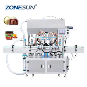 ZONESUN Automatic Servo Motor 6 Heads Chili Sauce Honey Paste Jam Jar Peanut Butter Bottle Filling Machine With Mixer Heater