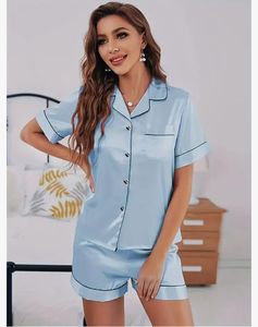 Ensemble de costume de nuit décontracté en Satin d'été pour femmes vêtements de nuit imprimés à fleurs fermeture à boutons pyjamas en soie uni/solide haut short tissé - Product Image 5