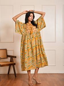 Robe mi-longue élégante pour femmes, confortable, manches amples, imprimé floral vibrant imprimé à la main, pur coton 100%, robe décontractée - Product Image 6