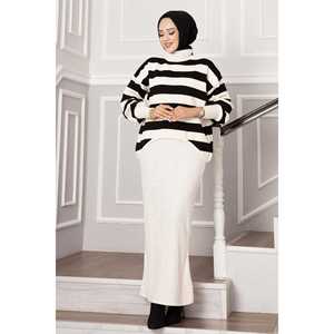 Ecru Wide Striped Crop <b>Dress</b> XS Size Natural Waistline Mix Fabric A-Line Fashionable Draped for Day Guests Weddings Washable - Product Image 3