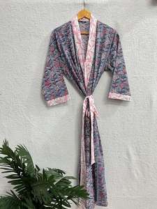 Kimono largo de algodón hecho a mano para mujer, vestido largo hasta el suelo, albornoz estampado en Bloque para verano, ropa de dormir, vestido informal para dama de honor - Product Image 5