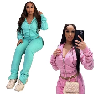 Chándal de poliéster transpirable de alto gramaje estilo vintage lavado con cremallera doble, top corto con capucha y bolsillos laterales para mujer - Product Image 1
