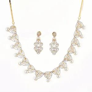 Handmade Brass American Diamond Pearl Necklace Set with Two Tone Plating for Womens and Girls