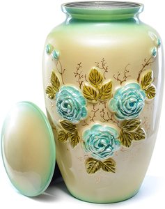 Urnes de crémation en aluminium avec des fleurs en relief, des urnes funérailles en métal blanc avec des œuvres d'art en relief - Product Image 2