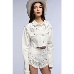 Veste zippée en détresse de haute qualité pour femmes Logo personnalisé Design bleu coupe courte lavé détresse Jean Denim coton remplissage - Product Image 1