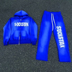 Streetwear Acid Washed Sweat Suits Zipper Rhinestone Hoodies Survêtement Set Vintage Flared Sweatpants and Hoodie Set pour hommes - Product Image 5