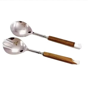 Luxury Gold Metal Salad Server <b>Serving</b> <b>Spoon</b> & Fork Wood & Resin Handle for Kitchenware Dining Table Salad Server - Product Image 2