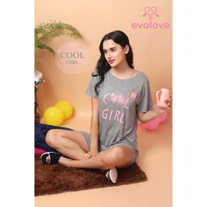 Chemise de nuit courte décontractée Evolve pour femme, 100 % coton gris chiné imprimé, longueur genou, douce et confortable - Product Image 1