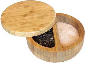 Tazón redondo de madera de acacia para sal y pimienta, caja de especias de bodega de sal de madera natural con dos compartimentos para almacenamiento de cocina - Product Image 5