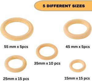 50 pièces anneaux en bois naturel inachevé pour bricolage artisanat pour 5 tailles de ronds pour artisanat anneaux en bois - Product Image 2