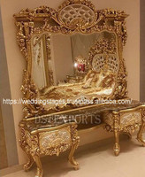 Coiffeuse de luxe moderne en teck massif sculpté avec miroir pliable finition dorée, ensemble de meubles de chambre à coucher 4 tiroirs, à poser au sol/mur