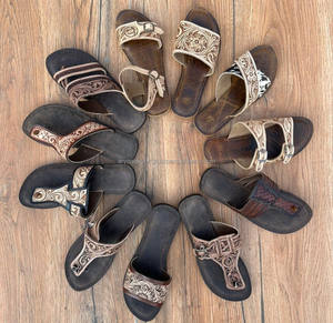 Western Style Real Handmade Genuine Tooled Leather Women Casual Comfort Flipflops Flat Flower Footwear <b>Open</b> Brown <b>Toe</b> Sandals - Product Image 3