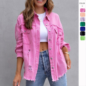 แจ็กเก็ตผ้ายีนส์ระบายอากาศได้ดีสำหรับผู้หญิงแจ็คเก็ตเดนิมสีทึบย้อมสีมีกระเป๋าเปิดหน้าอกมีกระดุม - Product Image 5