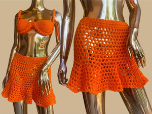 Maillot de bain bikini fait main sur mesure avec jupe, sexy, taille haute, tricoté, deux pièces, motif uni, XS Plus, tenue de plage - Product Image 2